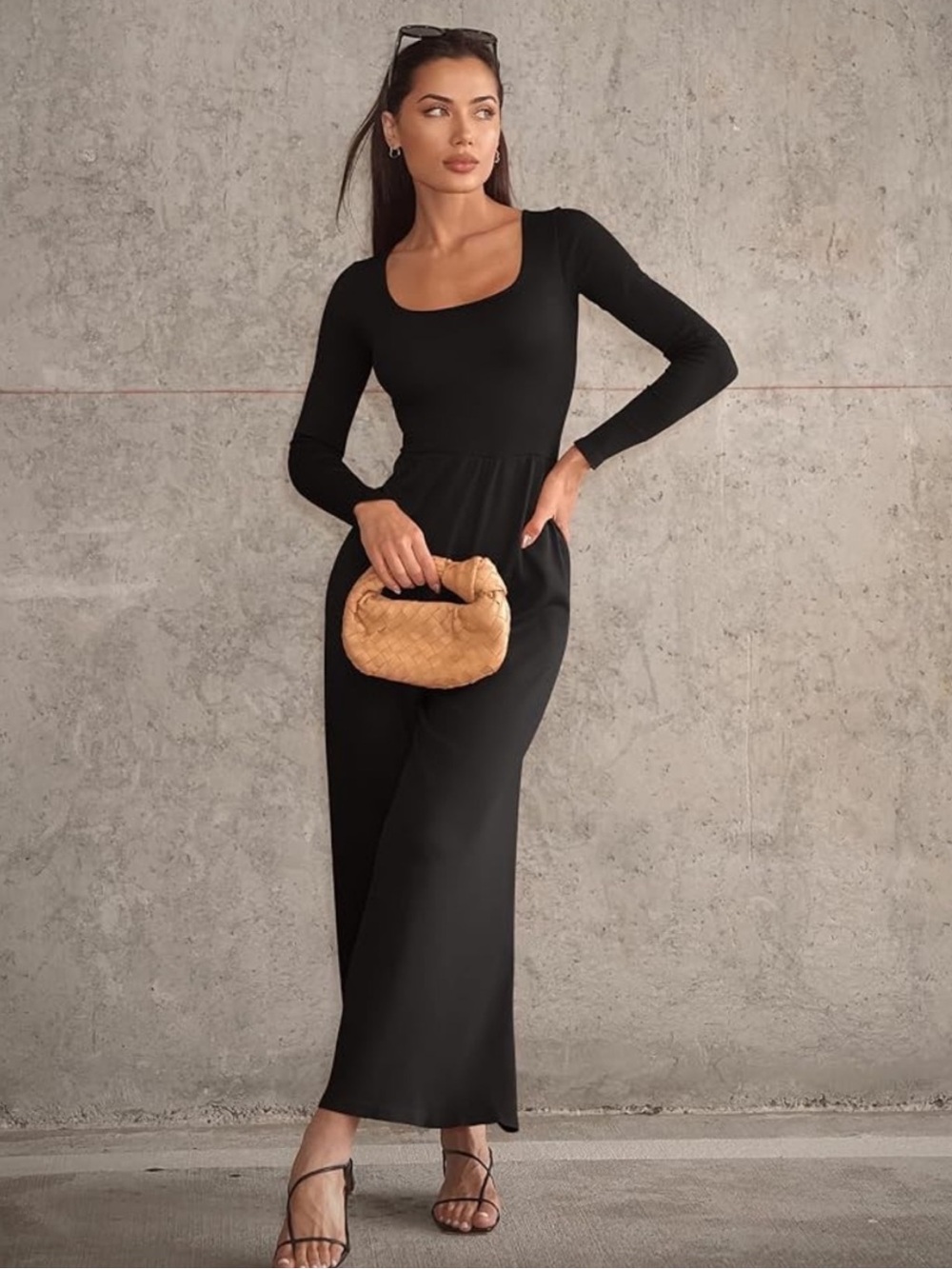 OQQ Ribbed Long Sleeve Wide Leg Square Neck Jumpsuit Size Small